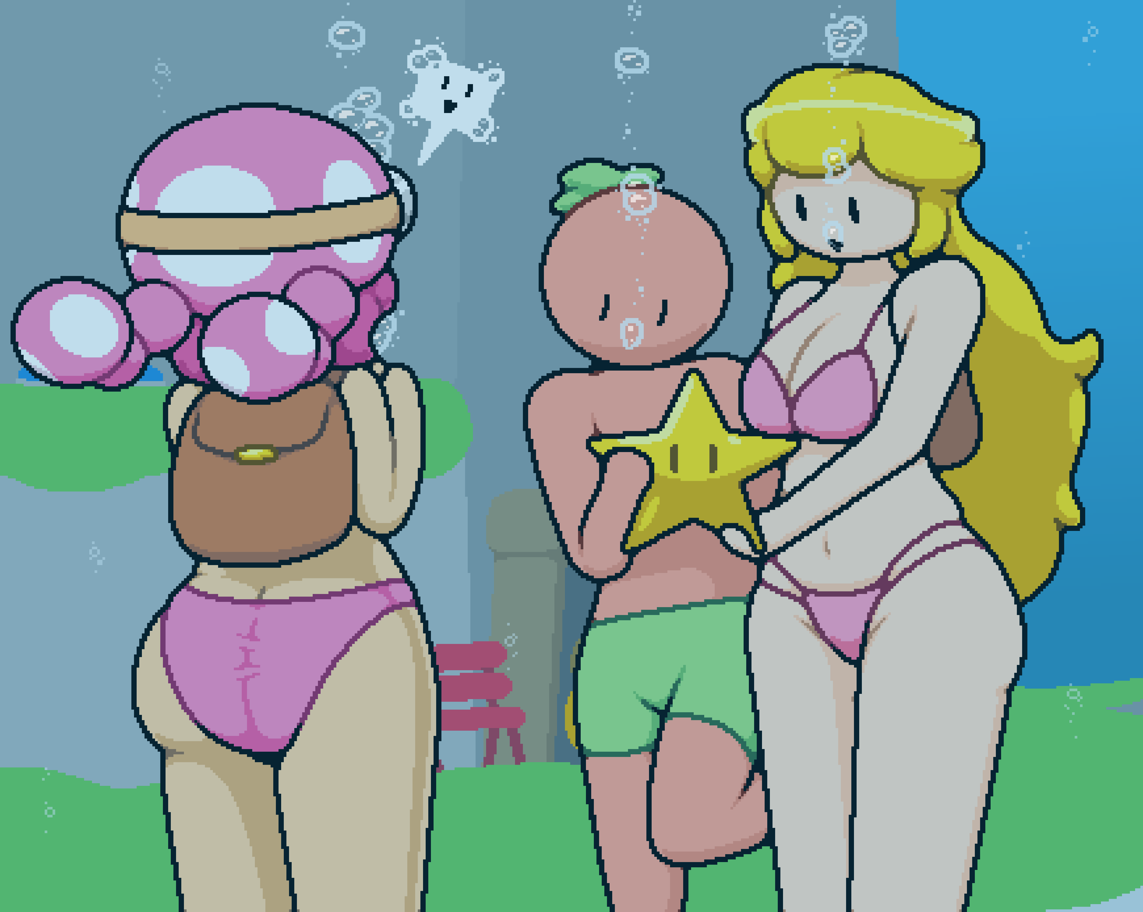 backpack big_ass big_thighs blonde_hair bubble bubbles mario_(series) okami_tomato pink_bikini power_star princess_peach star super_mario_3d_land toadette tomato_(okami_tomato) underwater