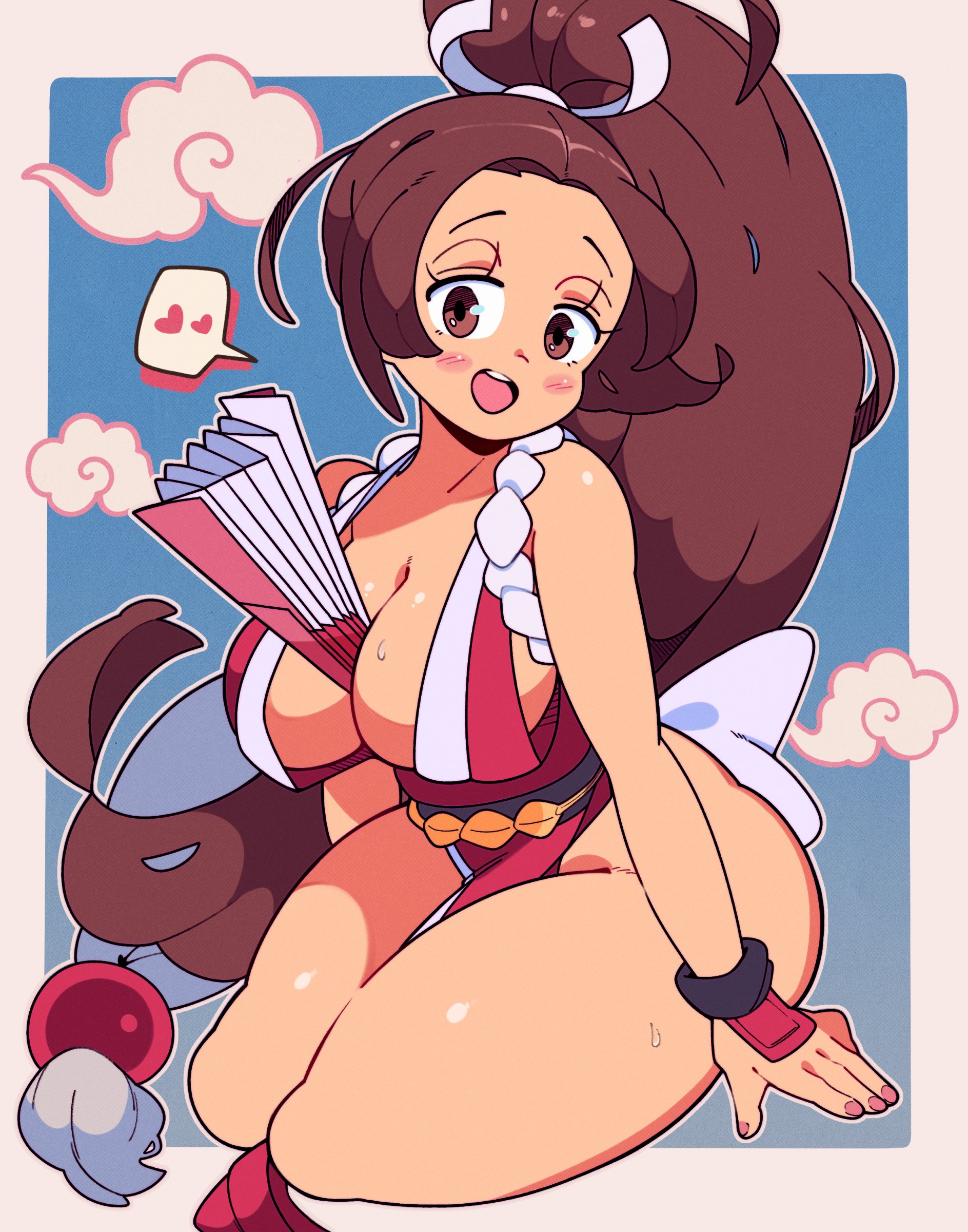 1girls, breasts, brown eyes, brown hair, deep cleavage, fatal fury, female, female focus, female only, horny female, king of fighters, long ponytail, mai shiranui, open mouth, pink nail polish, pink nails, ponytail, seduction techniques, side ass, sideboob, solo, solo female, solo focus, thick thighs, tiaramisstsu, voluptuous