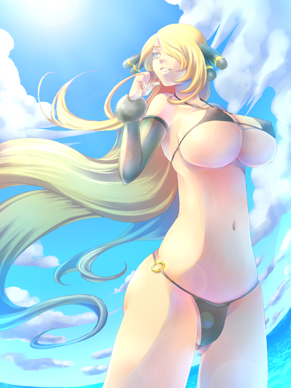 bad_id bikini blonde_hair breasts cleavage cynthia_(pokemon) erect_nipples female hair_over_one_eye huge_breasts human human_only long_hair micro_bikini mound_of_venus naoto_(yandereheaven) nintendo nipple_bulge pokemon pokemon_dppt solo tall very_long_hair