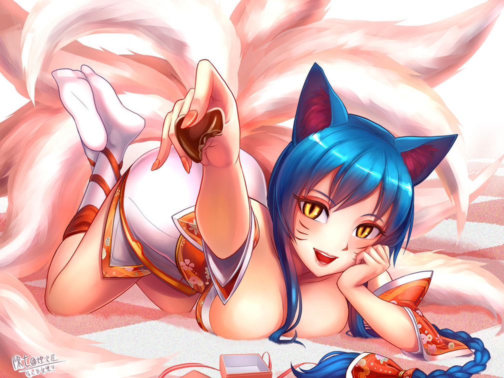 ahri, ass, breasts, female, fur, furry tail, humanoid, large ass, large breasts, league of legends, multi tail, on bed, posing, solo, tail, underwear