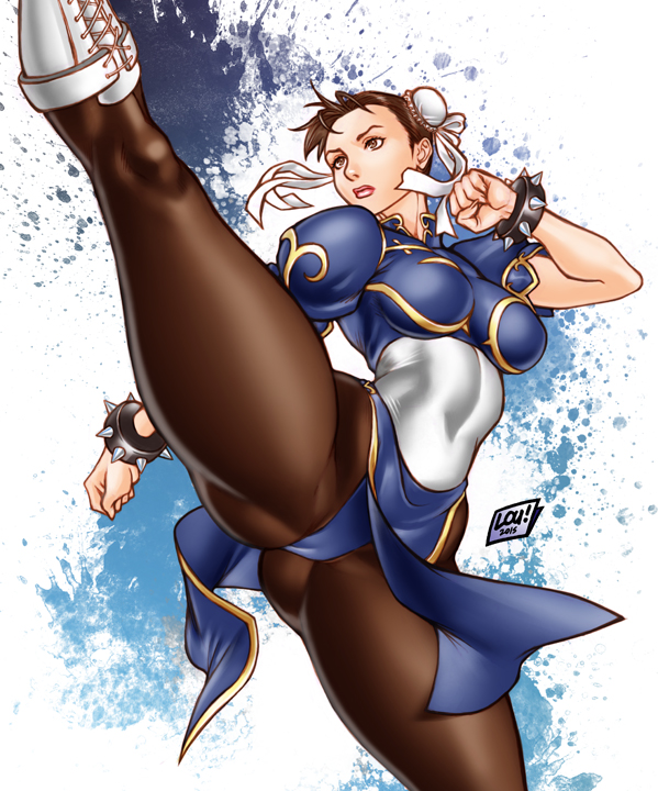 bracelet brown_eyes brown_hair bun_cover cameltoe capcom chinese_dress chun-li dress female female_only hair_bun human kick kicking loubotix panties pantyhose solo spiked_bracelet street_fighter