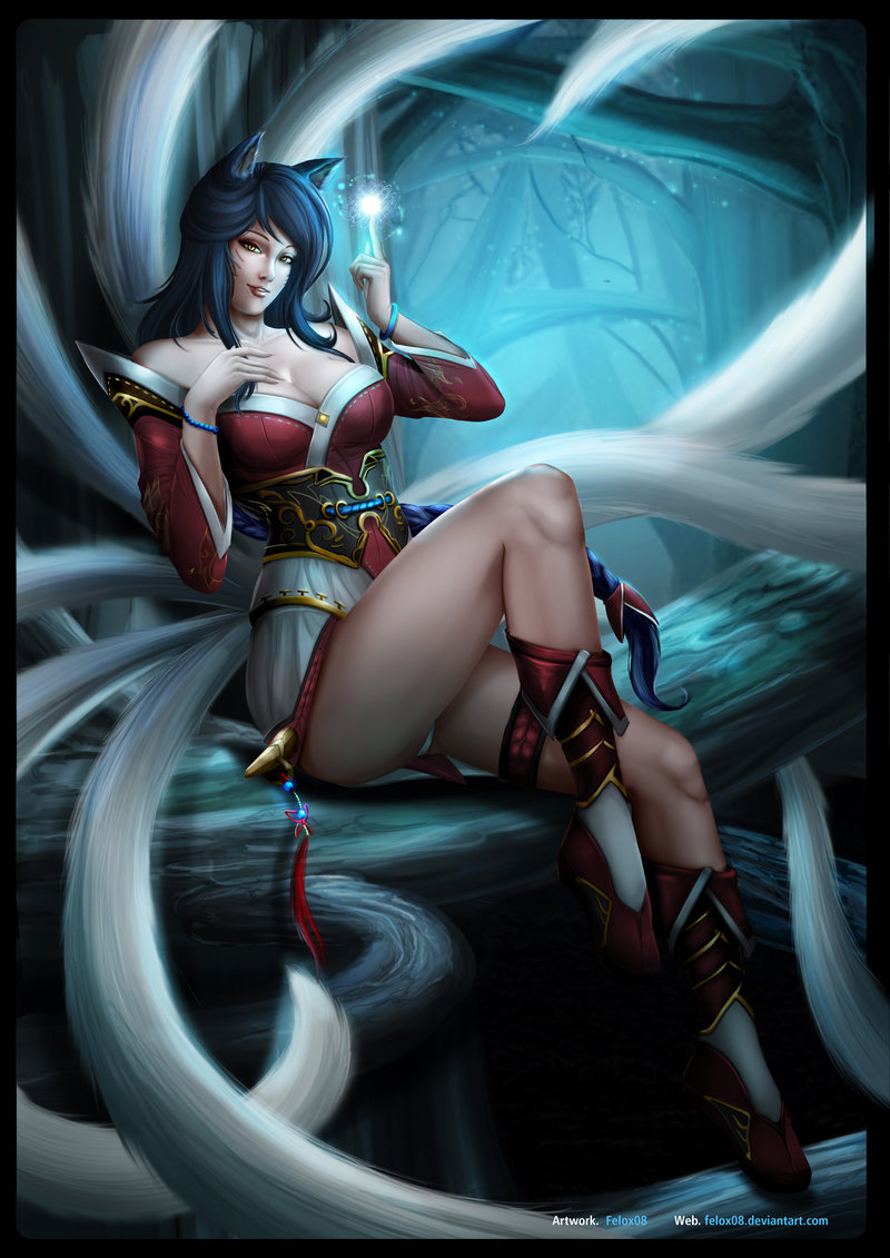ahri, black hair, bracelet, cleavage, dress, facial marks, felox08, female, fox ears, fox girl, fur, furry tail, humanoid, league of legends, long hair, multi tail, panties, sitting, solo, tail, tails, thigh strap, yellow eyes