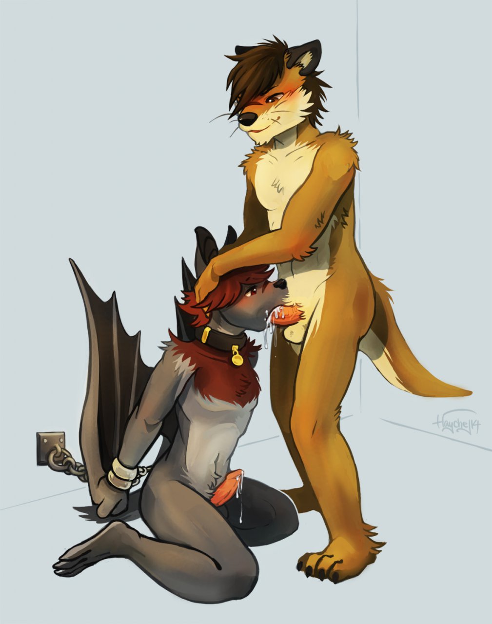 anthro balls bat bondage bound c.j. couple fur haychel male mammal matthias_(haychel) mustelid oral otter penis yaoi