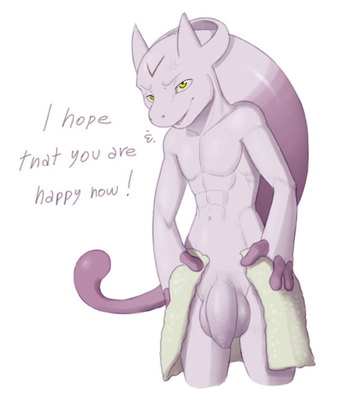 1boy abs big_penis big_testicles dialogue dreiker flaccid foreskin furry green_eyes half-closed_eyes head_tail male male_only mega_evolution mega_mewtwo_y mewtwo muscular muscular_male nintendo nude penis plain_background pokemon pokemon_(species) pokemon_rgby pokemon_xy purple_fur solo testicles text thick_penis thin_waist towel tumblr uncut video_games white_background