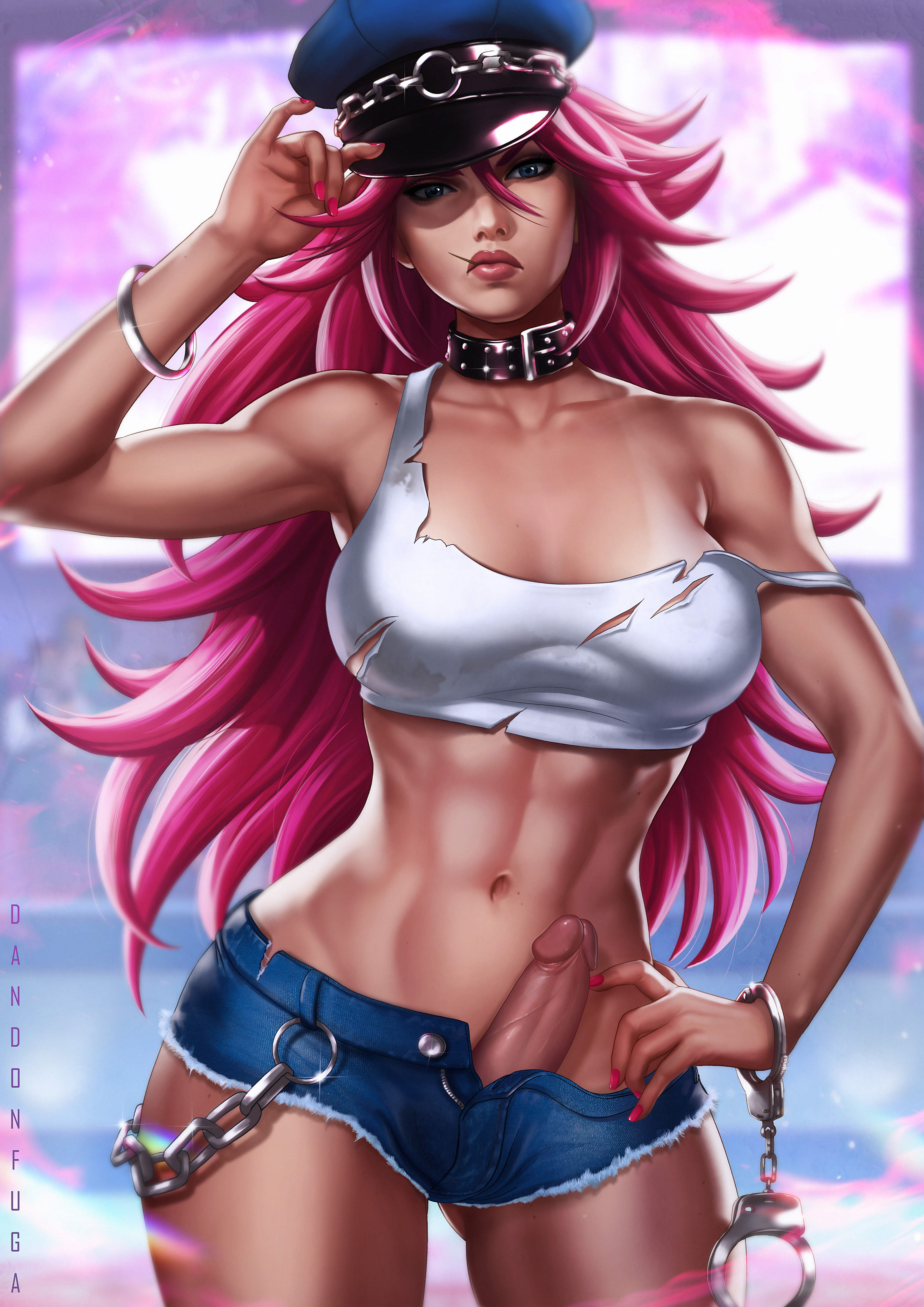 1futa, balls, balls bulge, balls under clothes, bangle, bracelet, breasts, capcom, chains, cleavage, curvy, daisy dukes, dandon fuga, dark skin, dark-skinned futa, dickgirl, erect penis, erection, final fight, futa only, futanari, handcuffs, intersex, large breasts, muscular, muscular futa, neck collar, peaked cap, penis, penis out, pink hair, poison (final fight), realistic, short pants, solo futa, street fighter, studded collar, tank top, wide hips