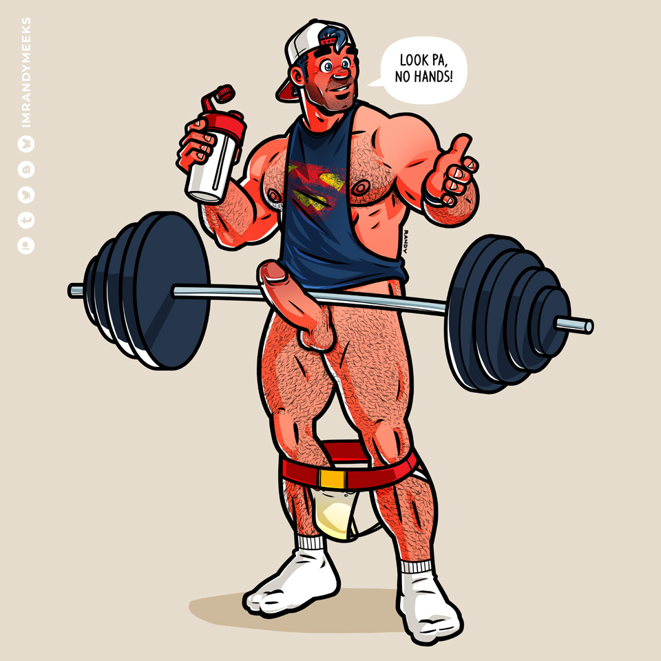 1boy 1male backwards_baseball_cap bara barbell big_biceps black_hair blue_eyes boner bottle bottomless_male clark_kent david_corenswet dc dc_studios facial_hair five_o'clock_shadow gay hairy_armpits hairy_arms hairy_balls hairy_chest hairy_legs hairy_male hairy_thighs hard_cock hard_nipples hard_penis holding_bottle holding_up_object_with_penis horny_male jockstrap jockstrap_down jonathan_kent,_sr. muscular_male piss_stain randyslashtoons six_pack sleeveless_shirt socks stubble superman_(2025) superman_logo talking_to_another tanline thick_thighs unshaven_face