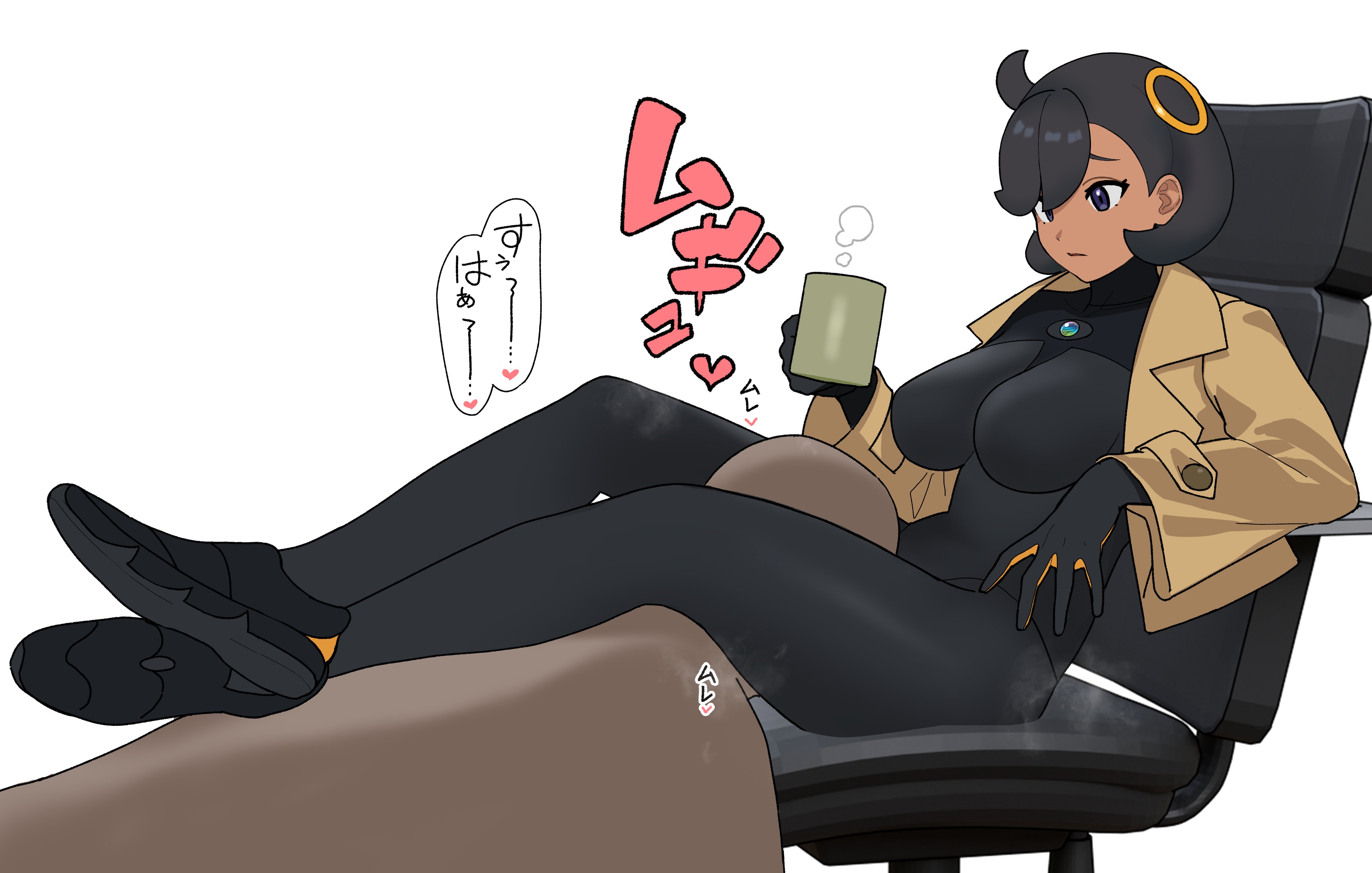 1boy, 1girls, absurdres, black bodysuit, black gloves, black hair, black shoes, blue eyes, bodysuit, bodysuit under clothes, breasts, brown jacket, chair, closed mouth, crossed legs, cup, dark skin, dark-skinned female, emma (pokemon legends: z-a), emma (pokemon), faceless, faceless male, female, full body, game freak, gloves, hair ornament, head between thighs, highres, holding, holding cup, jacket, jikatarou, large breasts, looking at another, male, matiere (pokemon legends: z-a), matiere (pokemon), nintendo, open clothes, open jacket, orange gloves, pokemon, pokemon legends: z-a, pussy, shoes, short black hair, short hair, simple background, sitting, smelling, smelling pussy, solo focus, sound effects, steaming body, straight, swivel chair, translated, two-sided gloves, two-tone gloves, white background