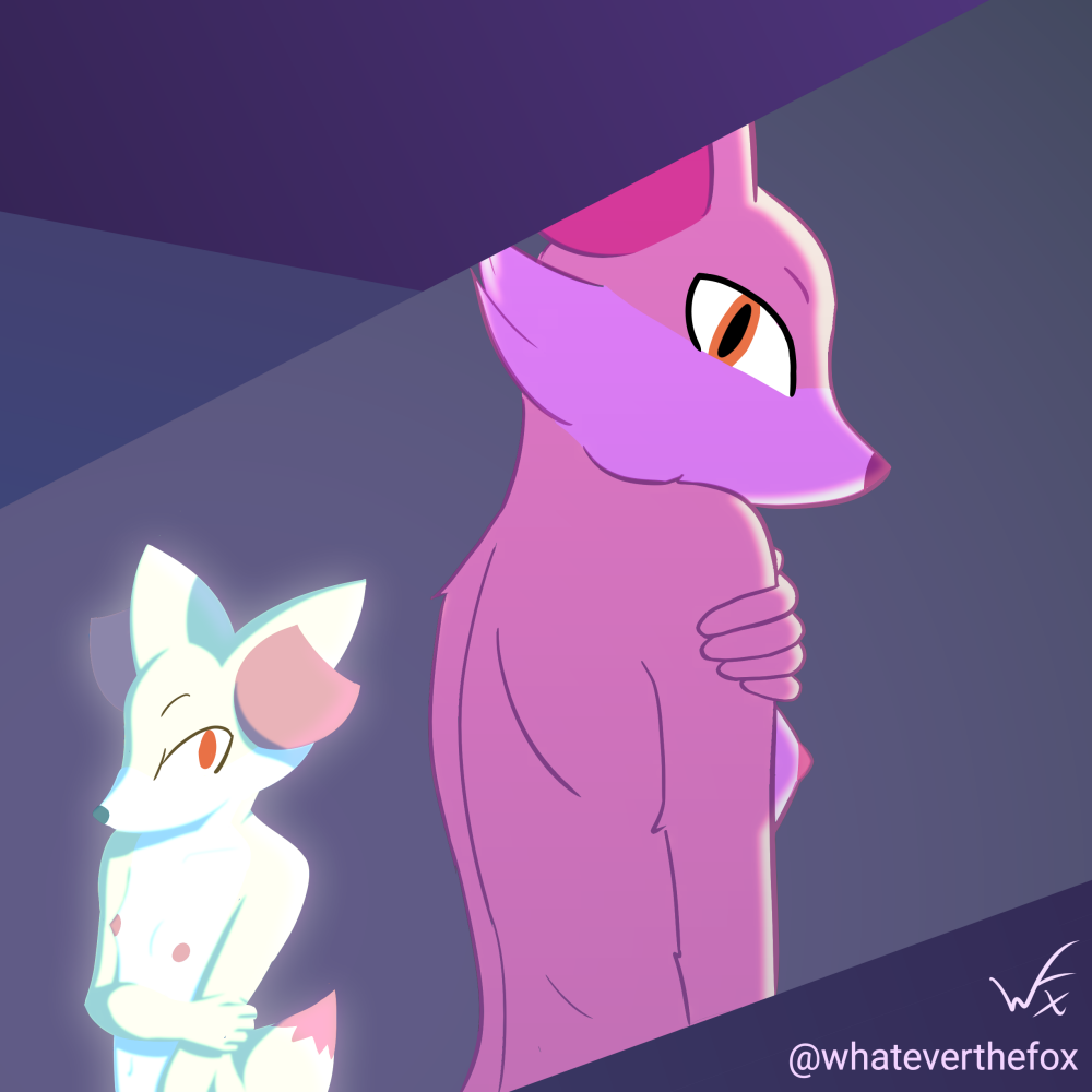 1:1 anthro arm_grab back_facing_viewer darkness duo female fennekin fiona_(whateverthefox) generation_6_pokemon glowing nintendo nipples pokemon pokemon_(species) standing stare whateverthefox