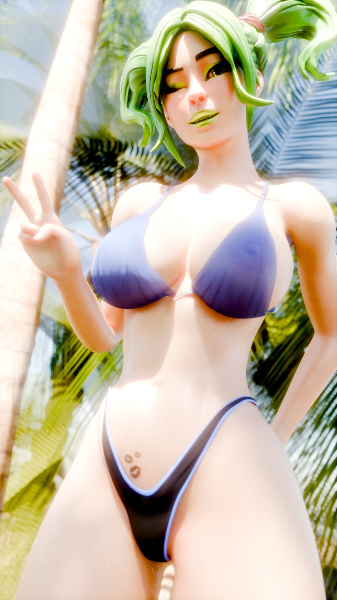 beach bikini black_thong breasts female fortnite happy huge_breasts nipples nuffie peace_sign public see-through see-through_clothing sexy_pose skimpy_clothes tattoo zoey_(fortnite)