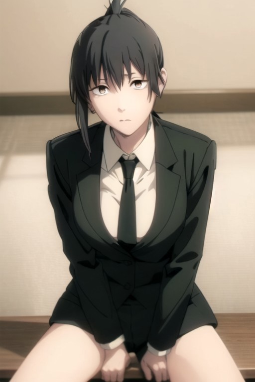 1girls ai_generated black_jacket black_necktie breasts chainsaw_man genderswap genderswap_(mtf) hayakawa_aki looking_at_viewer medium_breasts necktie ponytail rule_63 scared_expression sitting_on_chair, spread_legs suit_jacket thighs topknot white_shirt