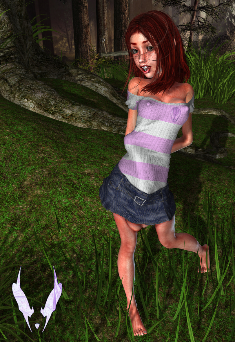 1futa, 3d, bimbo, brown hair, bulge, freckles, futanari, ginger, grendel, huge cock, intersex, penis, penis under clothes, penis under skirt, solo futa