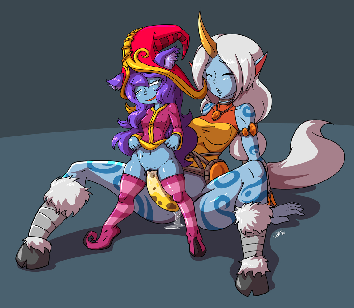 2015, 2girls, animal ears, armlet, bandage, blue skin, boots, bottomless, bracelet, breasts, choker, closed eyes, dahs, dildo, double dildo, female, hat, hooves, horn, league of legends, long hair, lulu the fae sorceress, multiple females, multiple girls, multiple hair ties, necklace, open mouth, pointy ears, purple hair, pussy, pussy juice, riot games, rolling eyes, simple background, sitting, smile, smooth skin, soraka, standing, tattoo, torn clothes, vaginal insertion, vaginal penetration, very long hair, white hair, witch hat, yordle, yuri