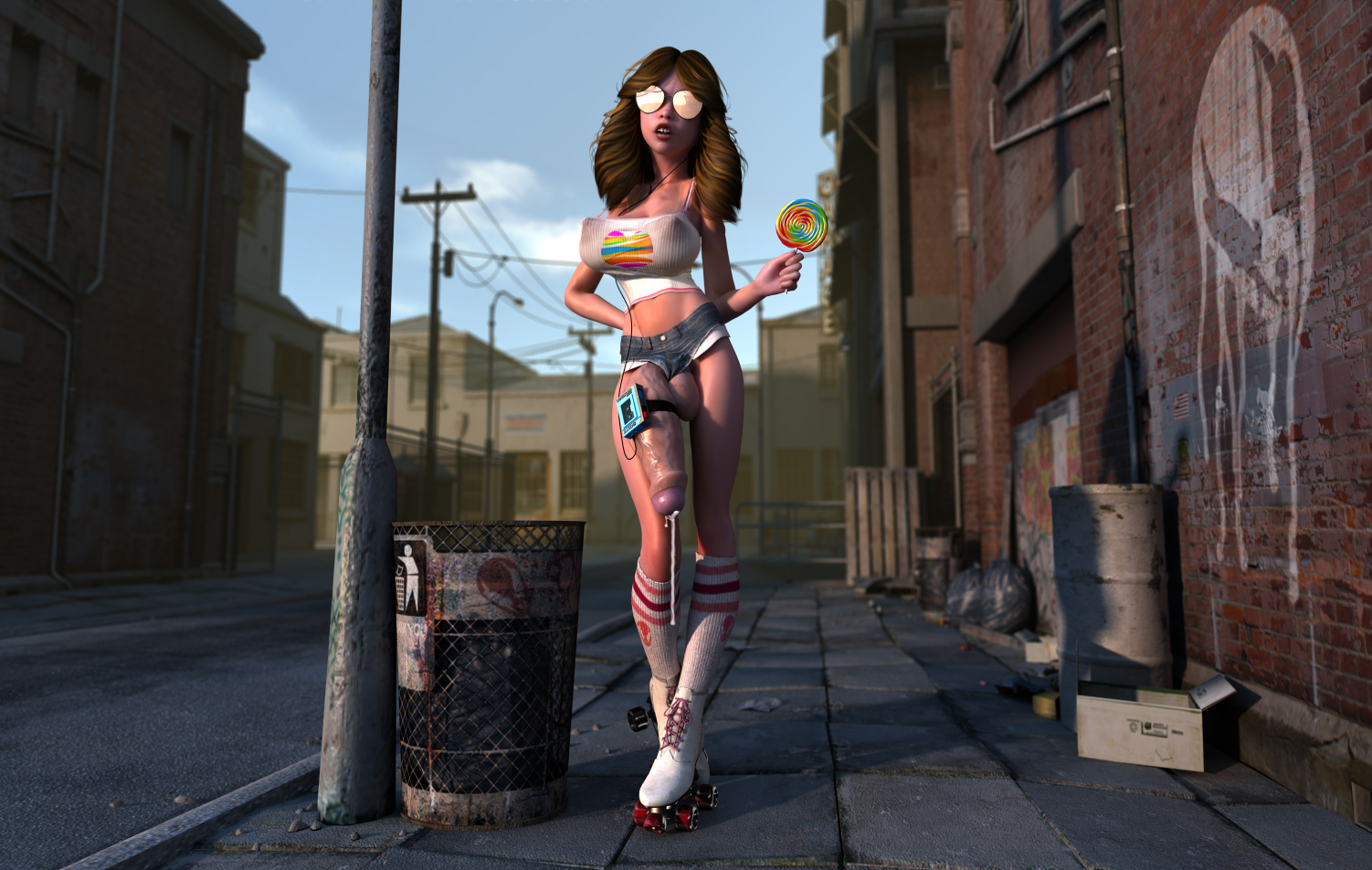 1futa, 3d, balls, big breasts, big penis, bimbo, breasts, busty, cleavage, dickgirl, erect nipples, erection, futa only, futanari, glasses, grendel, huge cock, intersex, large breasts, large penis, lollipop, navel, nipples, penis, precum, shorts, socks, solo, solo futa, tank top, tattoos, testicles, voluptuous