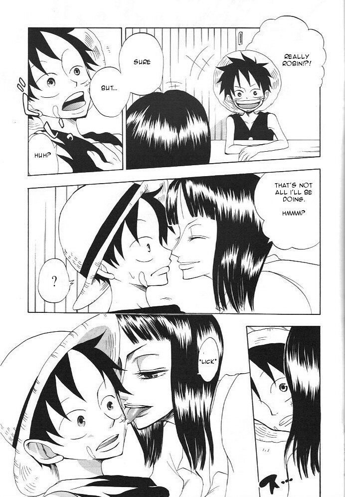 1boy big_breasts black_and_white dialogue different_angle dominant_female doujinshi female licking licking_face male mature_female monkey_d_luffy nico_robin one_piece tongue tongue_out urazawa_kaoru younger_male