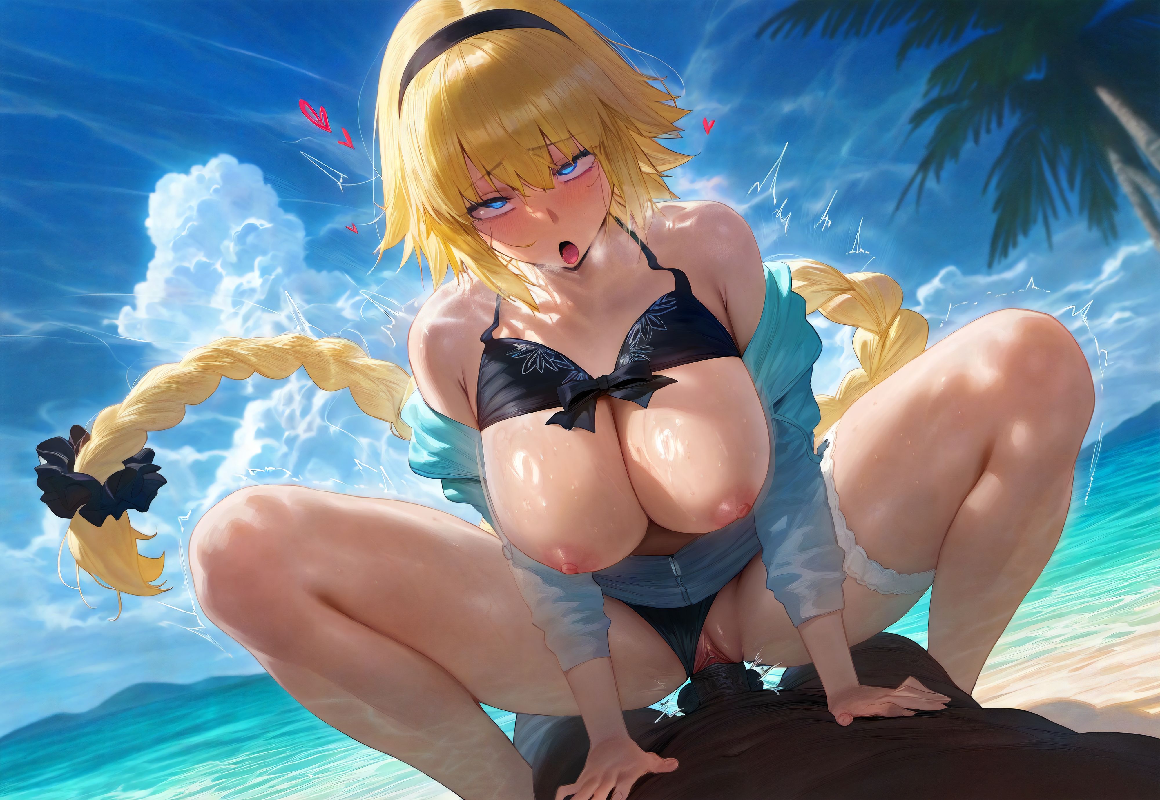 ai generated, beach, big breasts, big penis, blonde hair, breasts, cowgirl position, dark skin, dark-skinned male, fate (series), fate/apocrypha, fate/grand order, female, interracial, jeanne d'arc (fate), male, mikayori, penis, riding, veiny penis