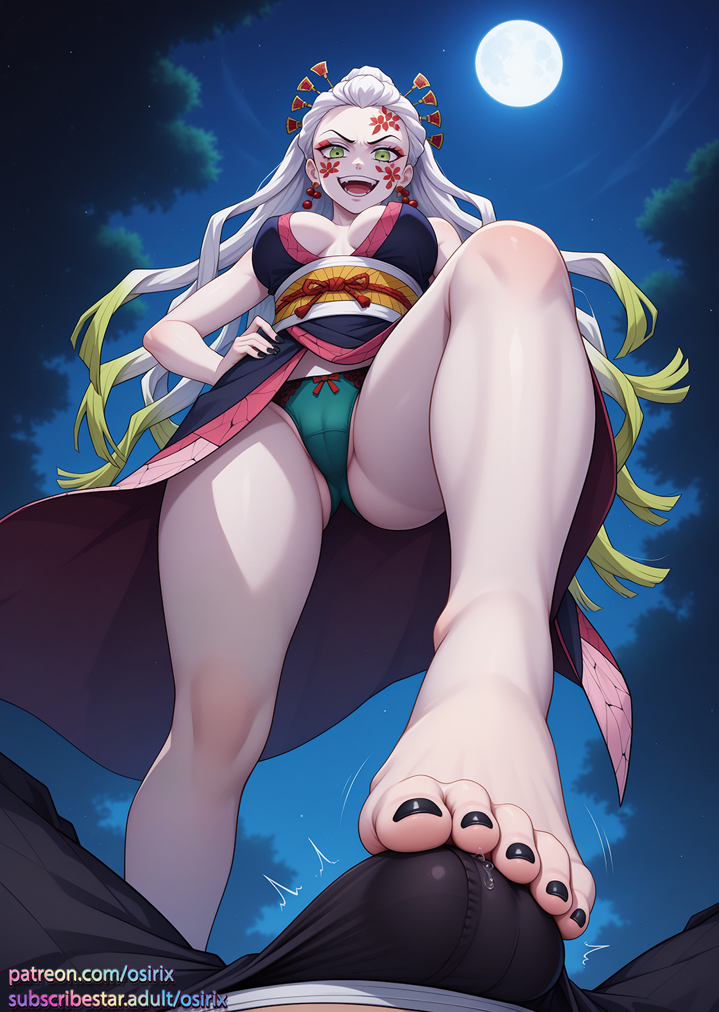 ai_generated black_toenail_polish black_toenails daki_(kimetsu_no_yaiba) demon_slayer feet_focus foot_fetish foot_focus foot_on_crotch footjob footjob_over_clothes kimetsu_no_yaiba osirix stable_diffusion stepping stepping_on_penis white_skin