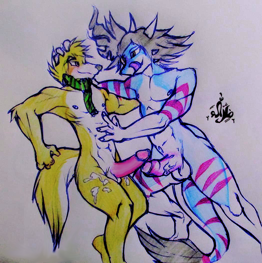 anthro balls border_collie canine cum drakorwolf duo erection eros horn jethro_(character) male mammal nude penis reptile scalie scarf smile traditional_media_(artwork) wyvern yaoi