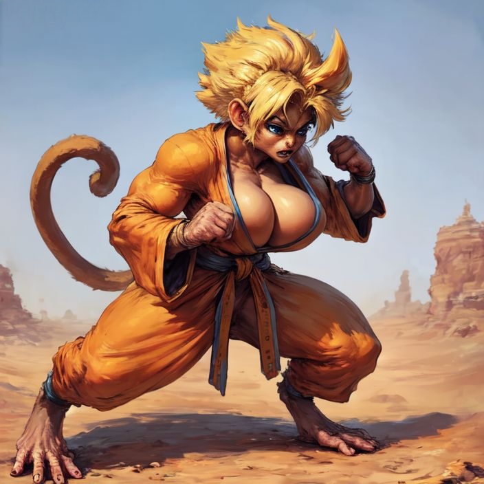 ai_art ai_generated big_breasts blonde_hair dragon_ball fighting_pose kimono monkey monkey_girl oc original_character saiyan warrior