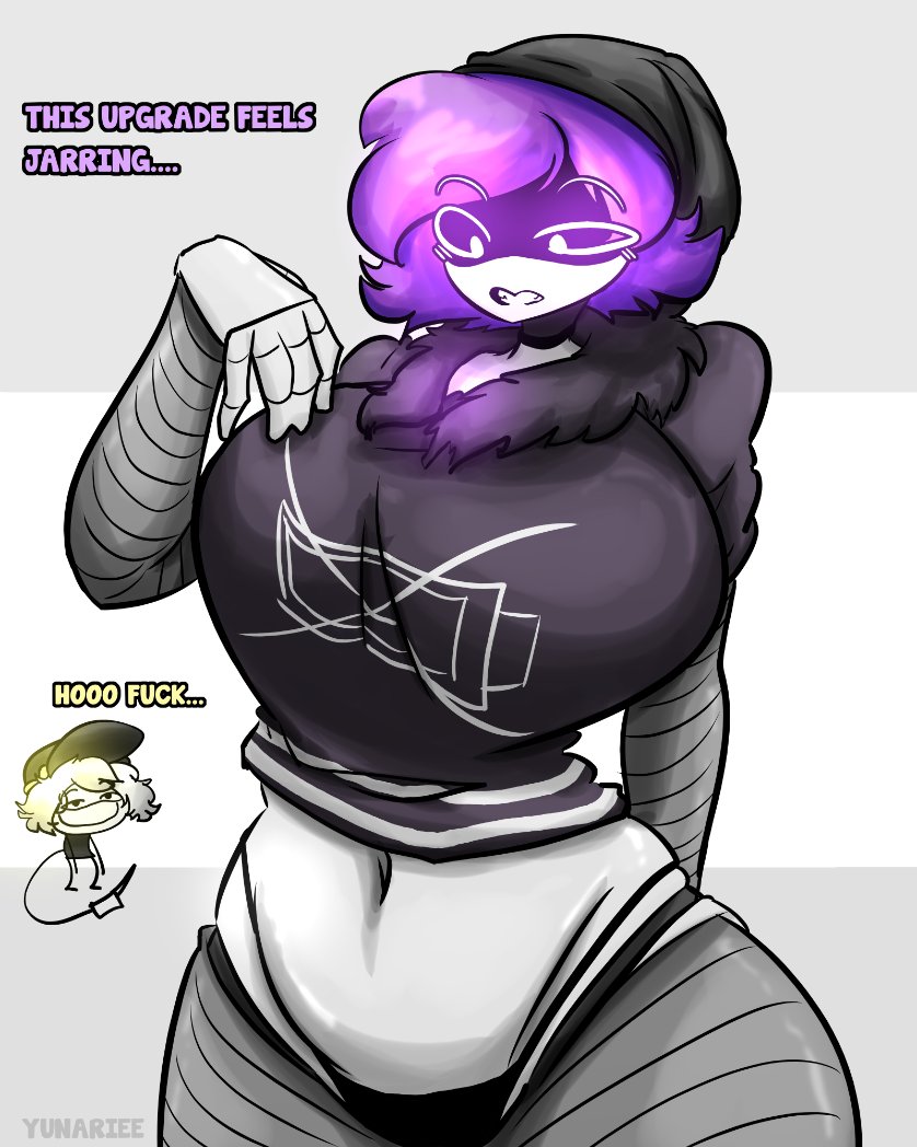 1boy, 1boy1girl, 1girls, amazed, beanie, belly, belly button, big breasts, blush, breasts, glitch productions, hoodie, looking at own breasts, male/female, murder drones, n (murder drones), purple eyes, purple hair, robot, robot boy, robot girl, tail, text, thick thighs, thighs, uzi (murder drones), white hair, yunariee