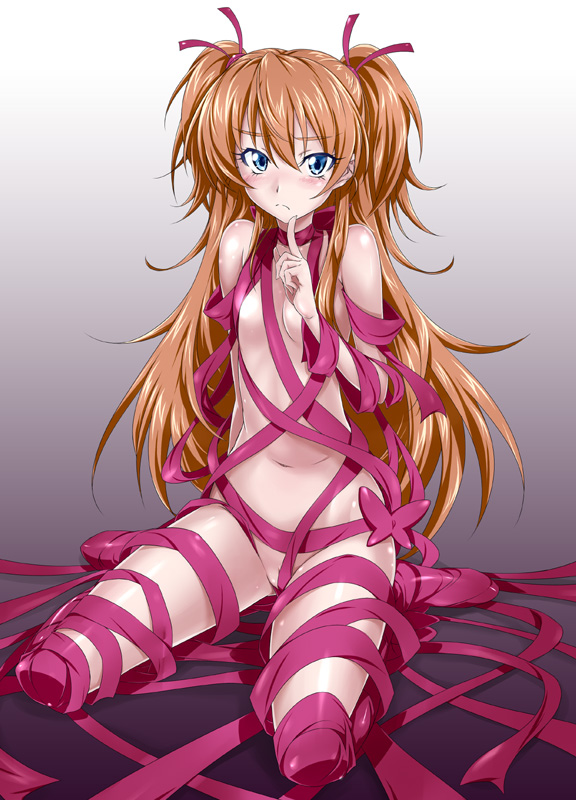 blue_eyes blush brown_hair entangled eyelashes female finger_to_mouth flat_chest frown houjou_hibiki long_hair nakahira_guy naked_ribbon navel precure pretty_cure ribbon solo suite_precure tied_hair twintails two_side_up