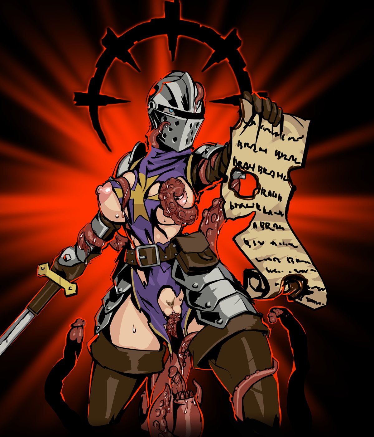 armor blue_eyes crusader crusader_(darkest_dungeon) darkest_dungeon female female_knight helmet knight knight_armor knight_helmet nisetanaqa penetration ripped_clothing rule_63 tentacle tentacle_sex vaginal_penetration