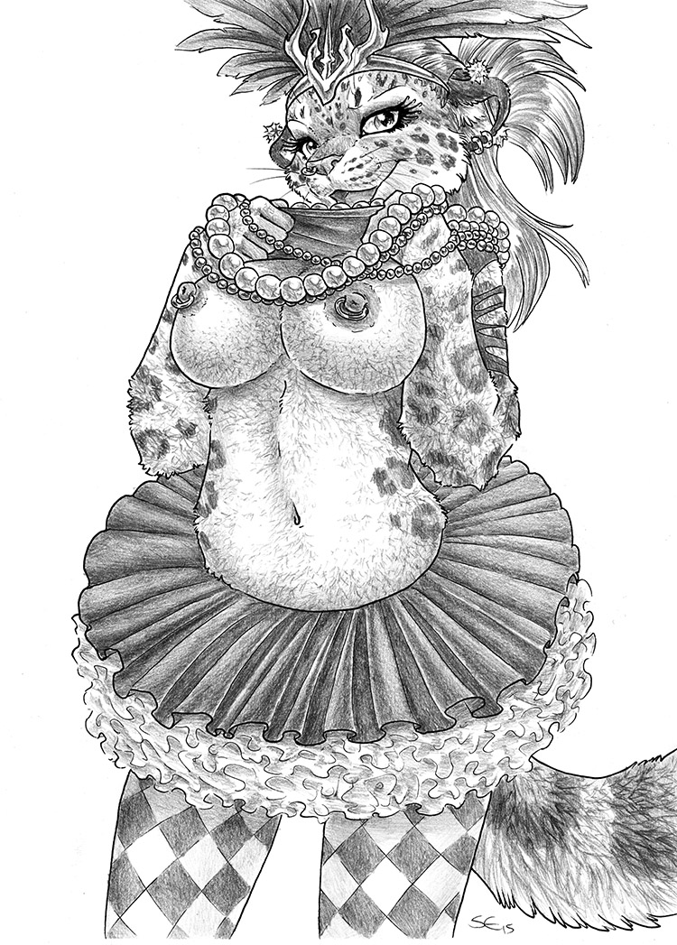 2015 breasts clothed clothing costume feathers feline female flashing half-dressed headdress leopard mammal mardi_gras necklace nipple_piercing nipples piercing sabretoothed_ermine sketch skirt solo topless tutu