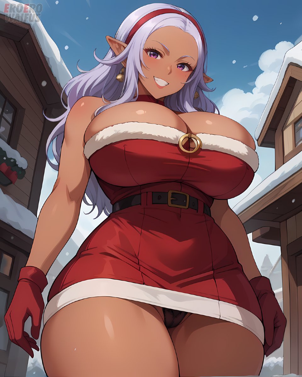 ai_generated bare_thighs christmas christmas_outfit dark-skinned_female dark_skin elf elf-san_wa_yaserarenai elf_ears elf_female eroero_waifus gigantic_breasts hairband huge_breasts huge_thighs kuroeda long_hair looking_down low-angle_view massive_breasts purple_eyes purple_hair smiling solo_female squatting sweat sweatdrop thick_body thick_female thick_thighs thighs voluptuous voluptuous_female