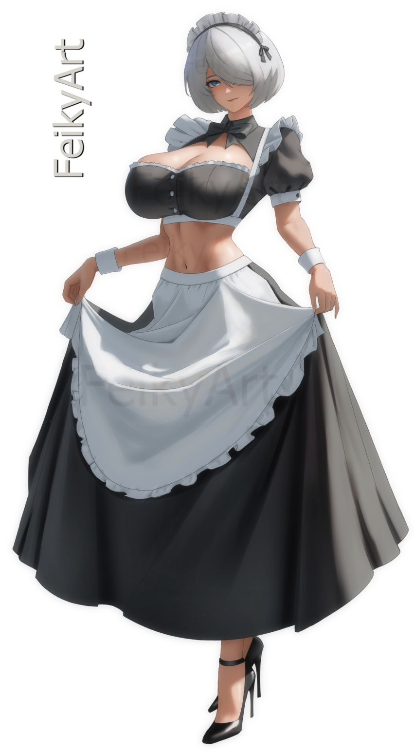 big breasts, clothed female, cute, feikyart, maid, nier: automata, yorha 2b