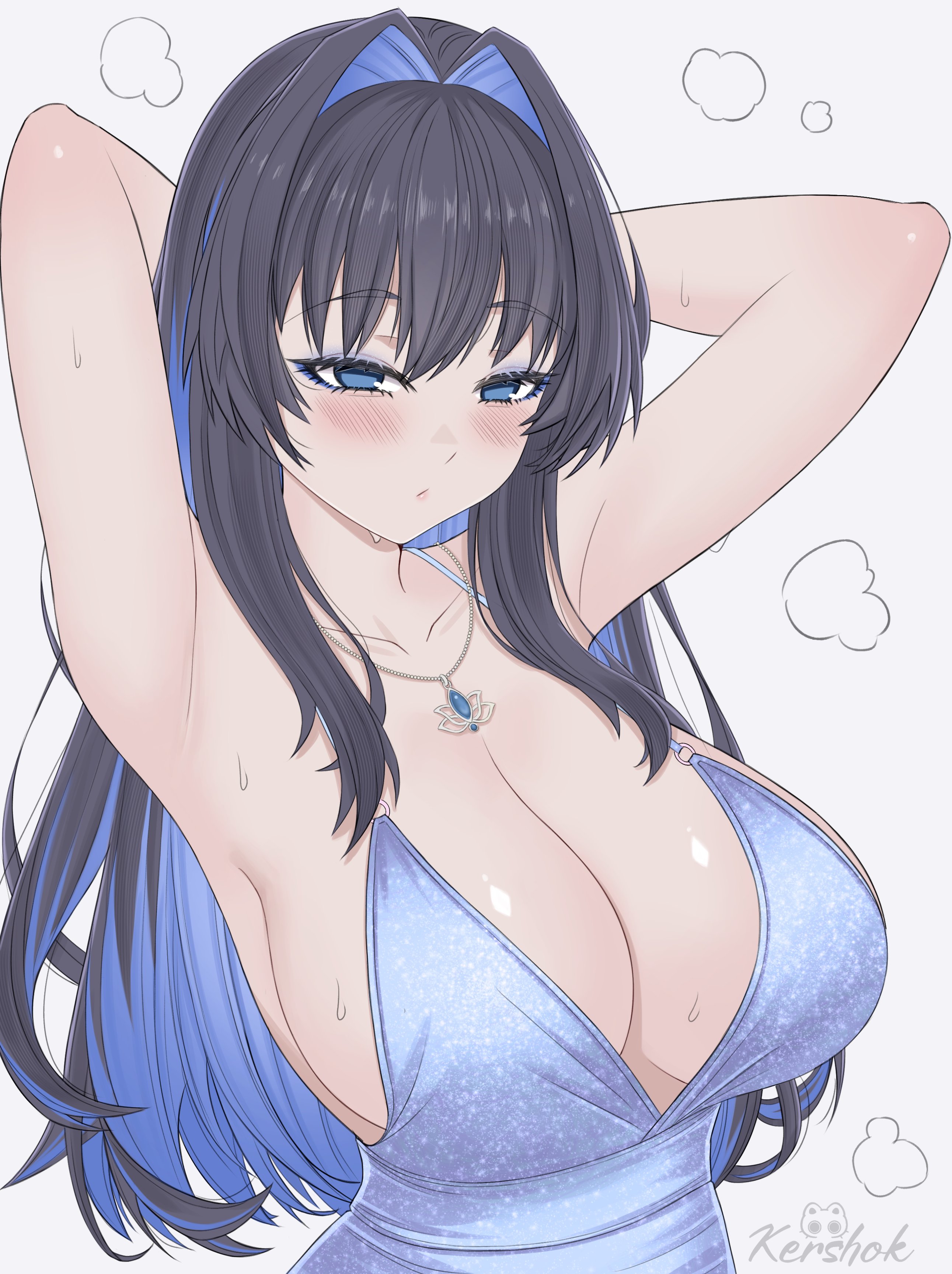 1girls, 2025, armpits, arms behind head, big breasts, black hair, blue eyes, blue hair, blush, breasts, clothed, clothing, collar, female, female only, hi res, hololive, hololive english, hololive english -council-, hololive english -promise-, kershok, large breasts, light skin, light-skinned female, looking away, multicolored hair, ouro kronii, simple background, solo, sweat, sweatdrop, upper body, virtual youtuber, white background, white skin