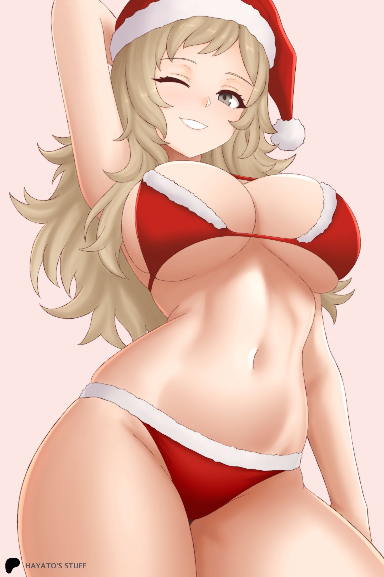 1girls blonde_hair christmas christmas_clothing christmas_headwear christmas_outfit christmas_underwear fire_emblem fire_emblem_fates grey_eyes hayato_stuff large_breasts looking_at_viewer nintendo one_arm_up one_eye_closed ophelia_(fire_emblem) underwear underwear_only wink