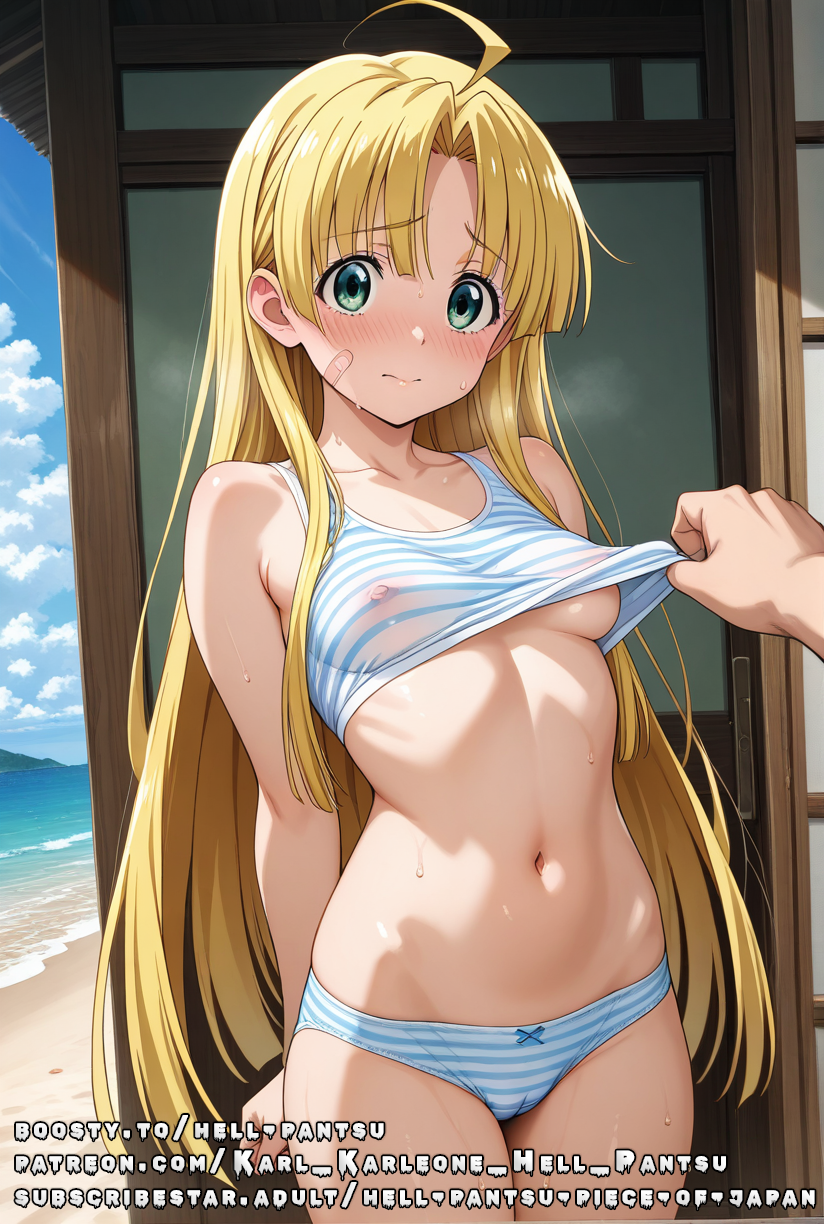 ahoge ai_generated asia_argento blonde_hair covered_nipples female green_eyes hell-pantsu high_school_dxd shy small_breasts striped_bra striped_panties white_stockings