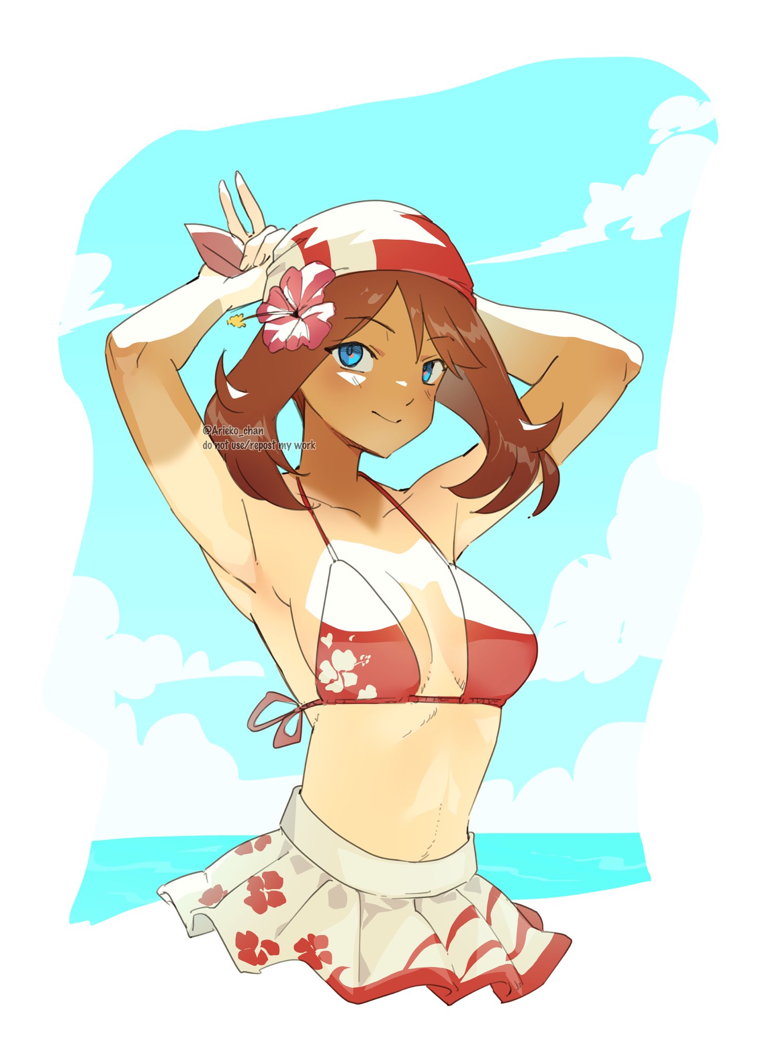 1girls, ariekochan, arms behind head, beach, bikini, blue eyes, blue sky, breasts, closed mouth, cloud, collarbone, commentary, english commentary, female, female only, highres, large breasts, looking at viewer, may (pokemon), medium hair, nintendo, outdoors, pokemon, pokemon rse, red bikini, sky, smile, solo, standing, swimsuit, tan, tanline