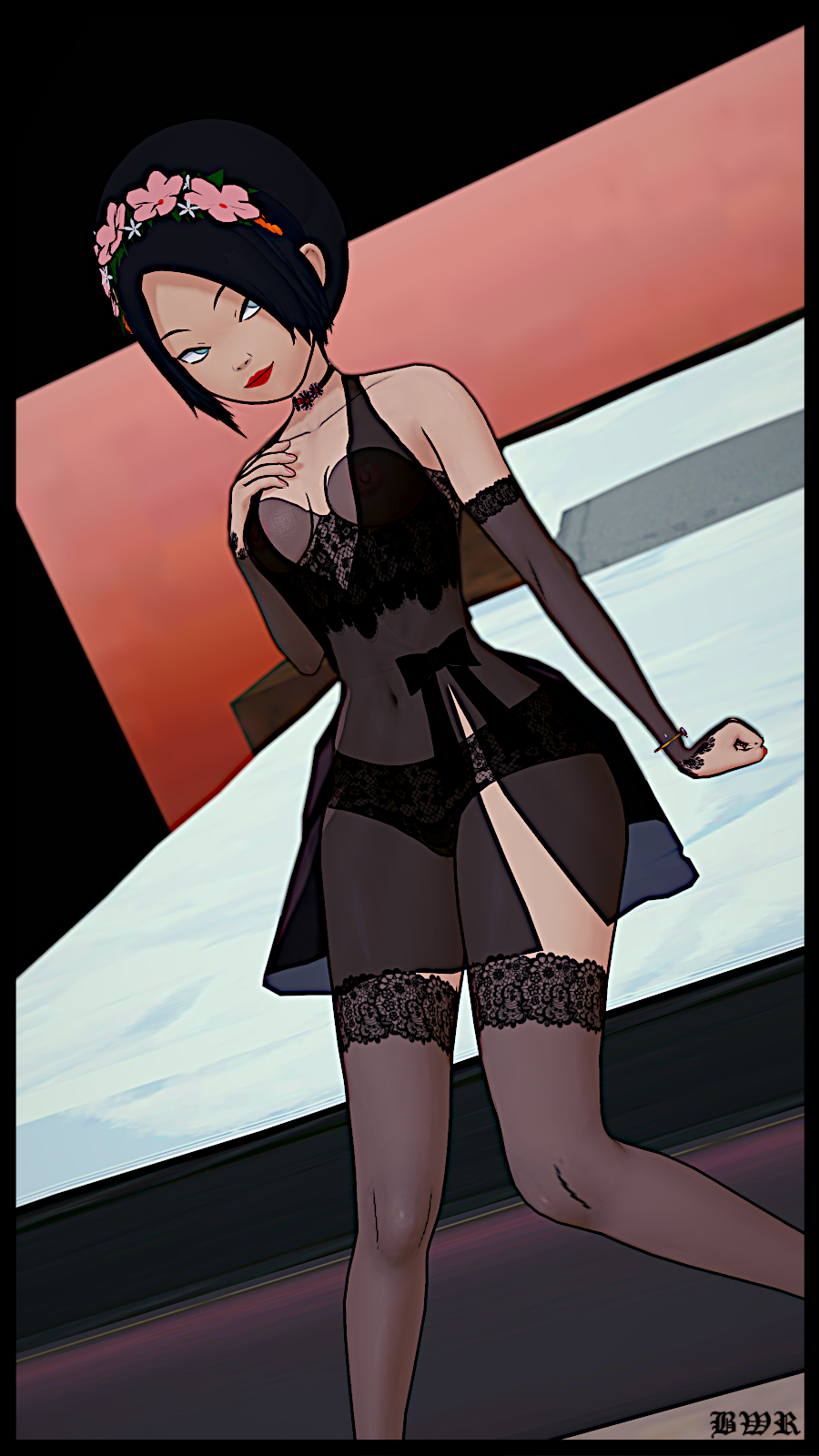 avatar_legends avatar_the_last_airbender black_hair breakwater_ridge female green_eyes lingerie lipstick nickelodeon nicktoons petite shortstack stockings toph_bei_fong