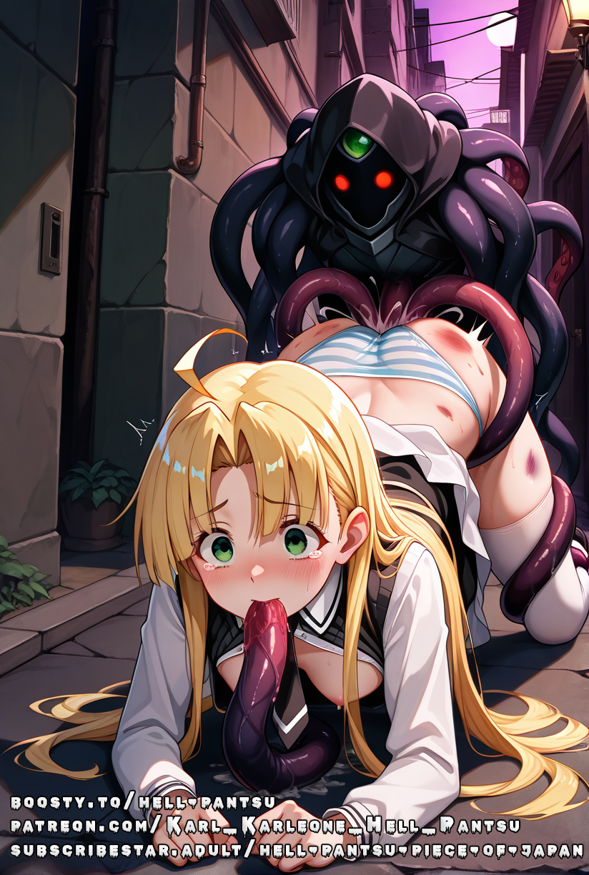 abuse ahoge ai_generated anal anal_sex anus asia_argento blonde_hair blood blowjob covered_nipples female green_eyes hell-pantsu high_school_dxd sex shy small_breasts striped_bra striped_panties tentacle vaginal_sex white_stockings