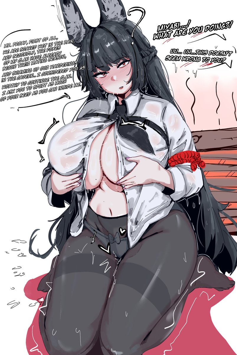 absurdres animal_ear_fluff animal_ears ass big_ass big_breasts big_thighs black_gloves black_hair black_necktie blunt_bangs blush bottomless breasts breasts_out cowboy_shot deooxido dialogue dress_shirt female fox_ears fox_girl gigantic_ass gigantic_breasts gigantic_thighs heat highres hoshimi_miyabi huge_ass huge_breasts huge_thighs large_breasts long_hair looking_at_viewer mating_season necktie parted_lips red_eyes shirt sidelocks simple_background sweat sweatdrop sweating text thick_hips thick_thighs thighs wet wet_pussy white_background white_shirt zenless_zone_zero