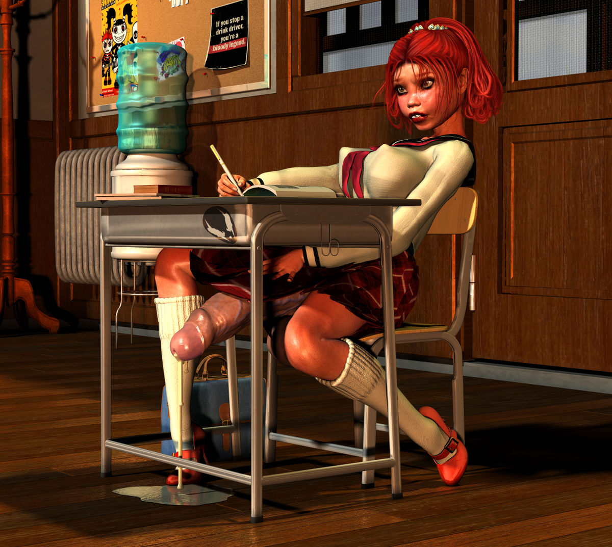 1futa, 3d, bimbo, breasts, cum, erect nipples, female, futanari, grendel, high heels, huge cock, intersex, nipples, penis, penis under skirt, red hair, serafuku, solo futa