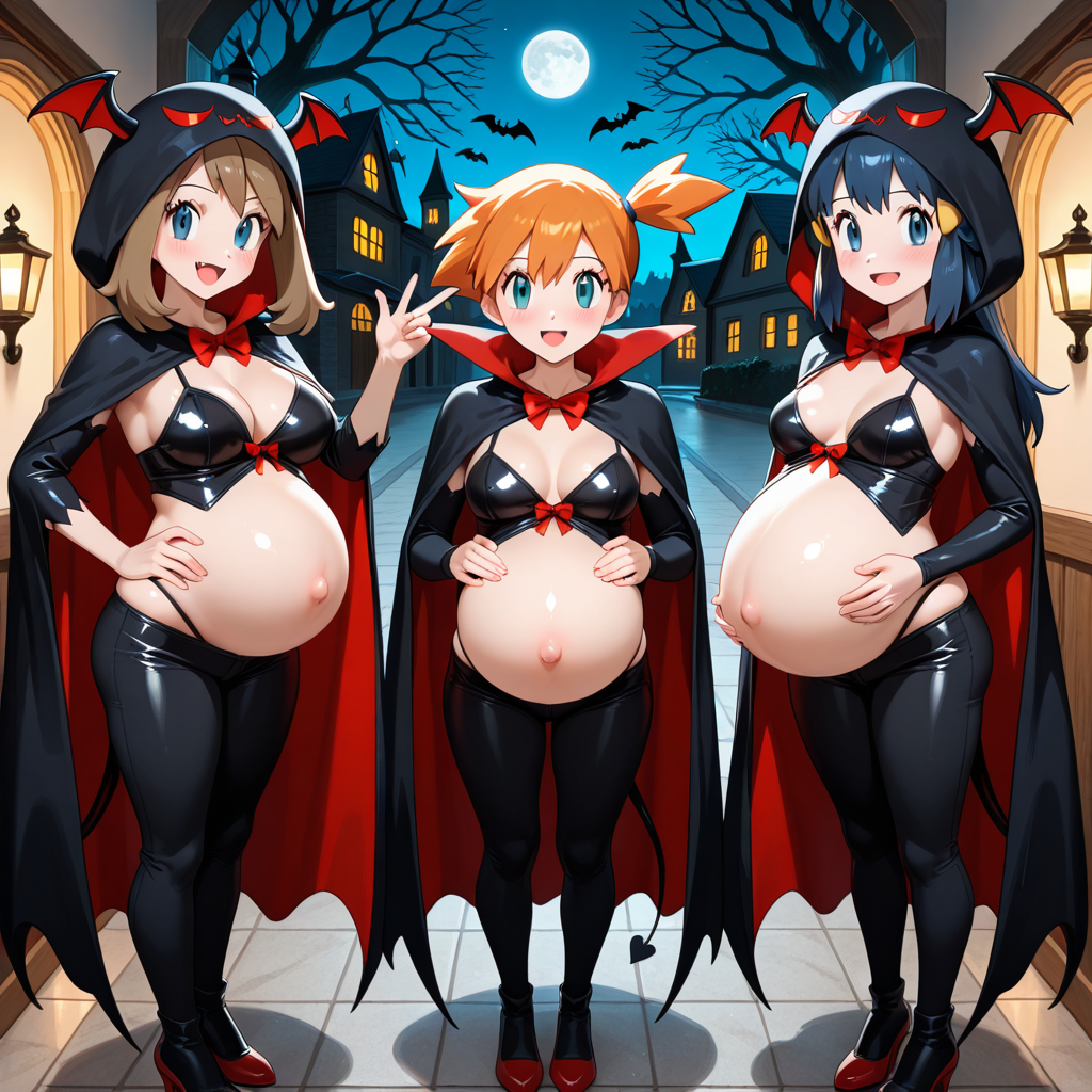3girls, 3pregnancy, aged up, ai generated, dawn (pokemon), demon costume, female, halloween, kasumi (pokemon), may (pokemon), multiple females, multiple girls, multiple pregnancies, pokemon, pokemon dppt, pokemon rgby, pokemon rse, pregnant, pregnant female, vampire costume