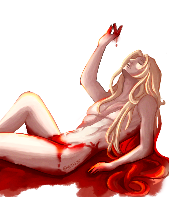 alucard_(castlevania) androgynous blonde_hair blood blood_drip blood_stain castlevania castlevania_(netflix) chest_scar closed_eyes fangs kritt3r pale-skinned_male pale_skin practically_nude scar vampire