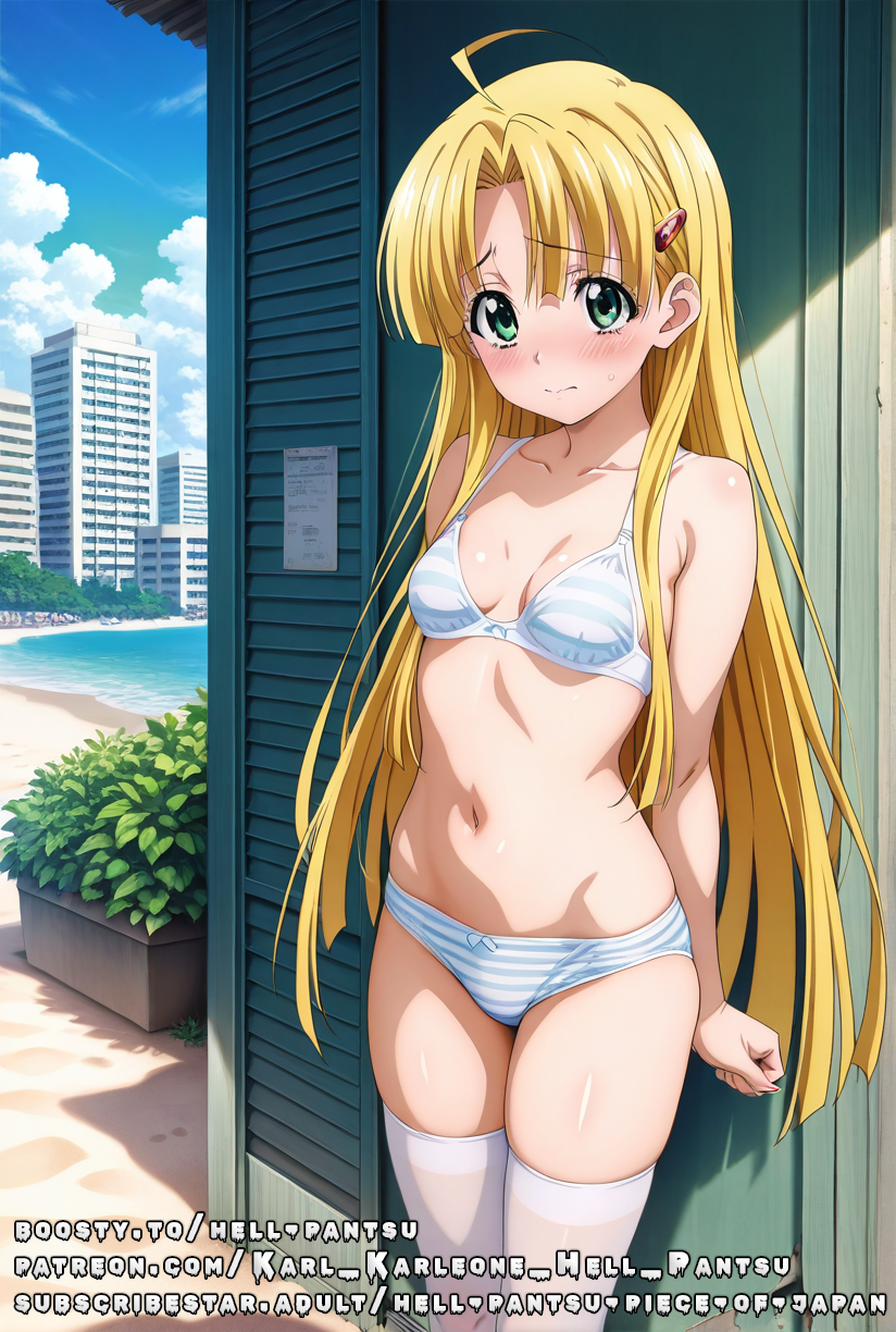 ahoge ai_generated asia_argento blonde_hair covered_nipples female green_eyes hell-pantsu high_school_dxd shy small_breasts striped_bra striped_panties white_stockings