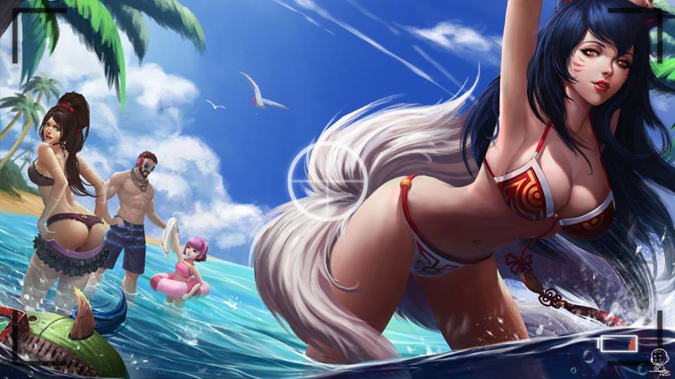 1boy 3girls ahri animal_ears annie_hastur beach beach_shorts bikini black_hair female fur furry_tail gold_eyes humanoid inflatable_ring league_of_legends low_battery malcolm_graves multi_tail multiple_tails nidalee palm_trees pink_hair pool_party_graves pool_party_series riot_games seagulls sunglasses tail teemo vastaya yellow_eyes yordle