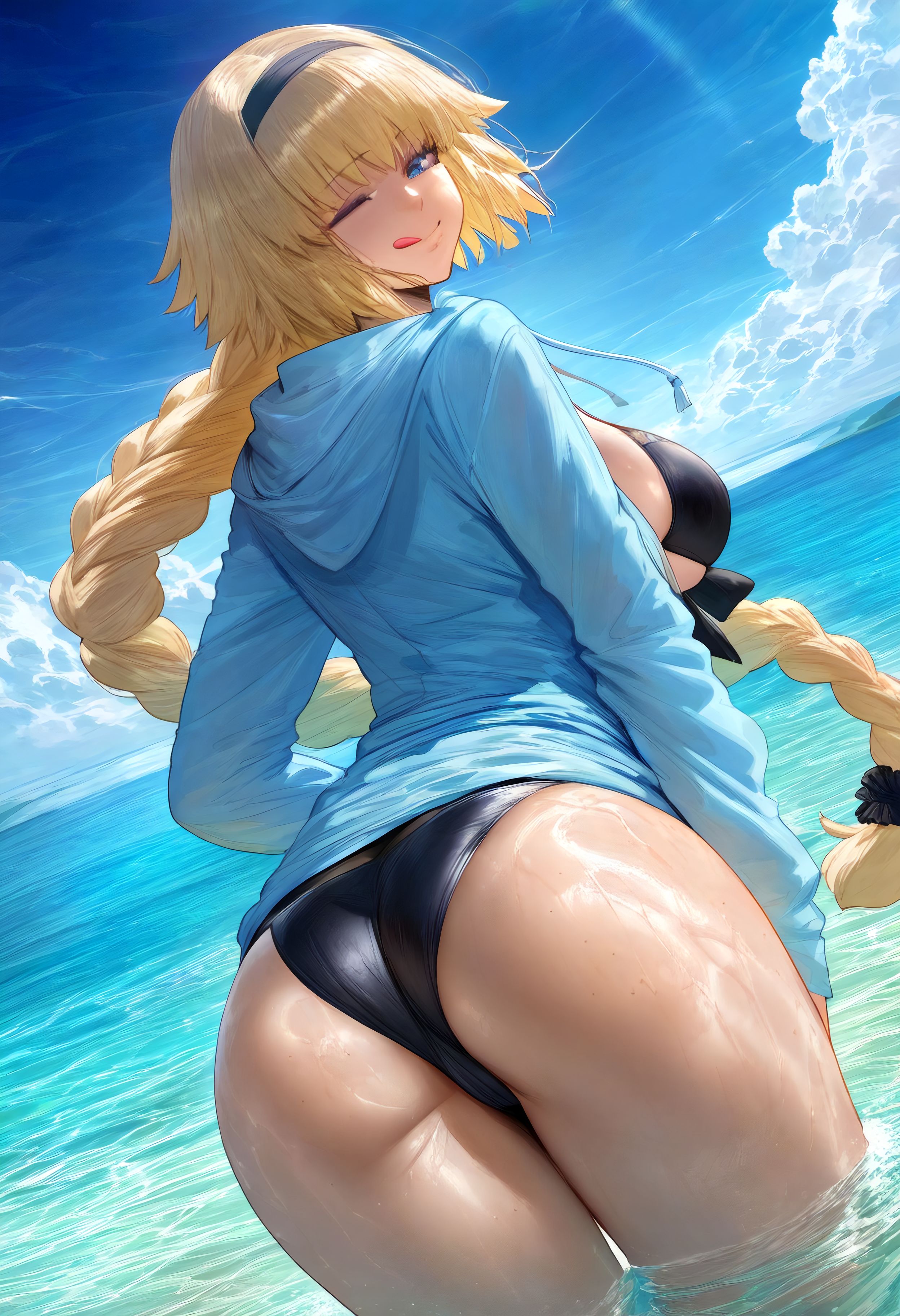 1girls, ai generated, ass, ass focus, beach, big ass, big breasts, blonde hair, breasts, fate (series), fate/apocrypha, fate/grand order, female, female only, jeanne d'arc (fate), light skin, light-skinned female, mikayori, solo