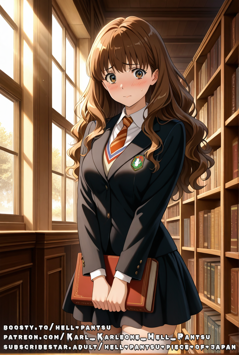 ai_generated brown_eyes brown_hair hermione_granger jacket medium_breasts shy skirt tie uniform wavy_hair