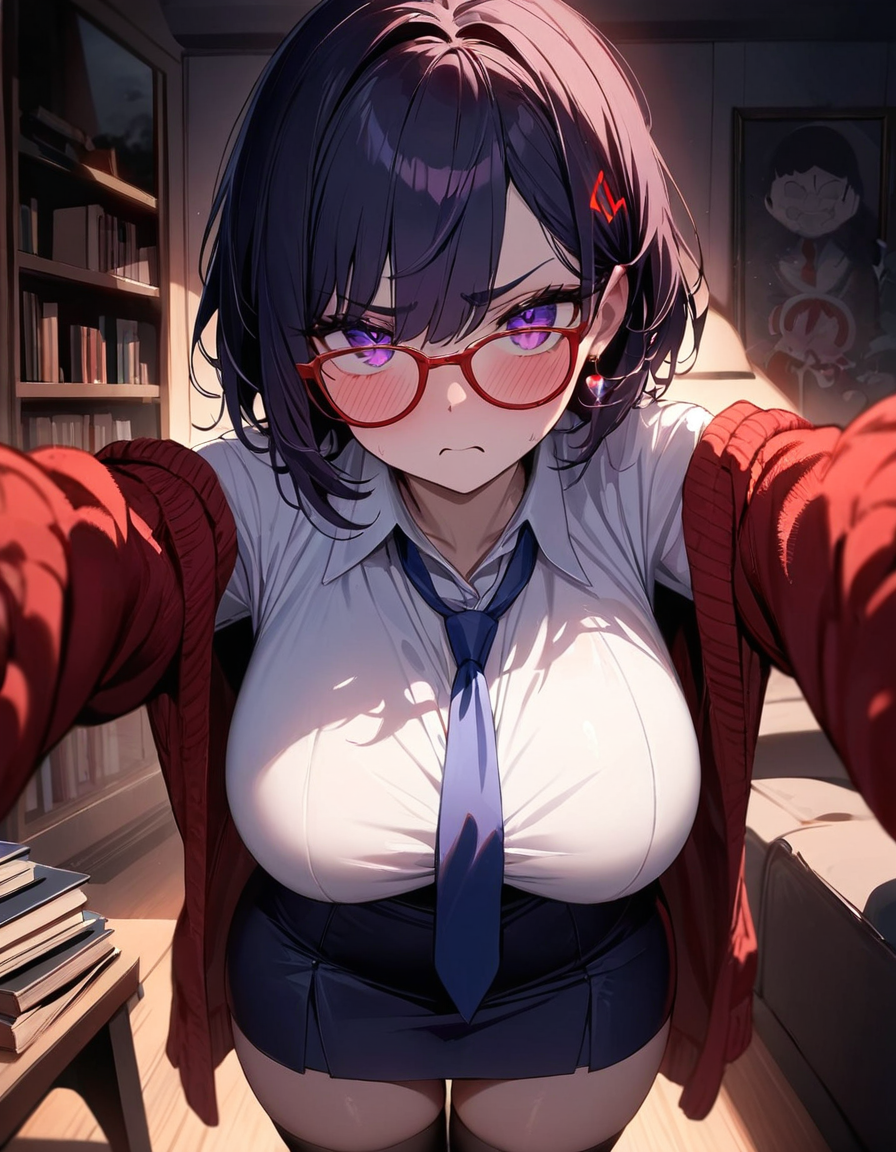 1girl adorable affectionate ai_generated angry aroused big_breasts blue_hair blue_skirt blush breasts cute desperation dim_lighting glasses grumpy horny hug indoors looking_at_viewer mature_female mila_(miside) miside nerdy_female pov purple_eyes purple_hair red_cardigan red_glasses school_uniform schoolgirl slim_waist starlightnex tie tight_clothing tsundere white_shirt wide_hips