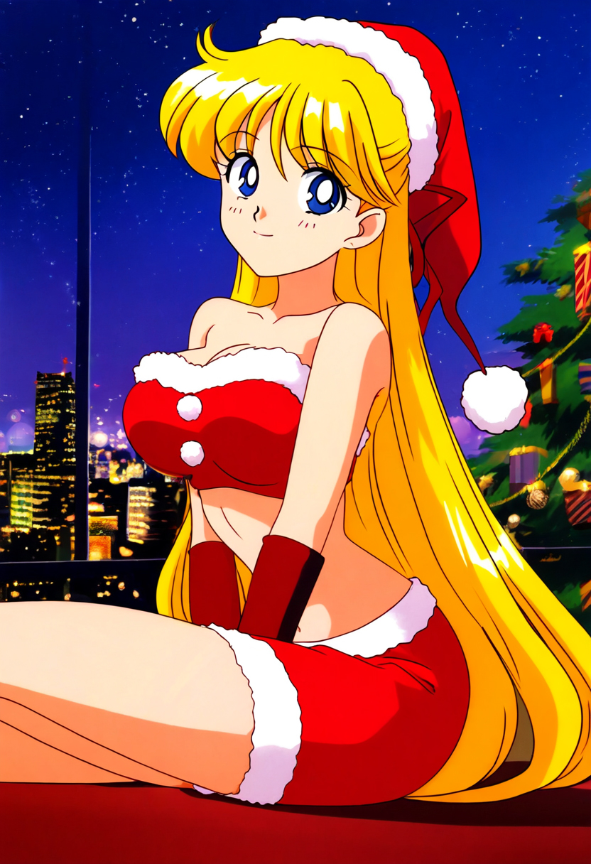 1girls accurate_art_style alluring bishoujo_senshi_sailor_moon blonde_hair blue_eyes christmas christmas_outfit long_hair medium_breasts minako_aino nightcore_(artist) pin_up sailor_venus santa_costume santa_hat zengai