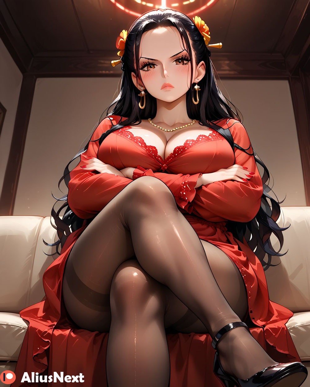 1girls ai_generated aliusnext black_hair brown_hair female heels high_quality high_resolution highres huge_breasts long_hair mature_female mommy nail_polish one_piece pantyhose patreon red_dress red_nails tagme thick_thighs viola_(one_piece)