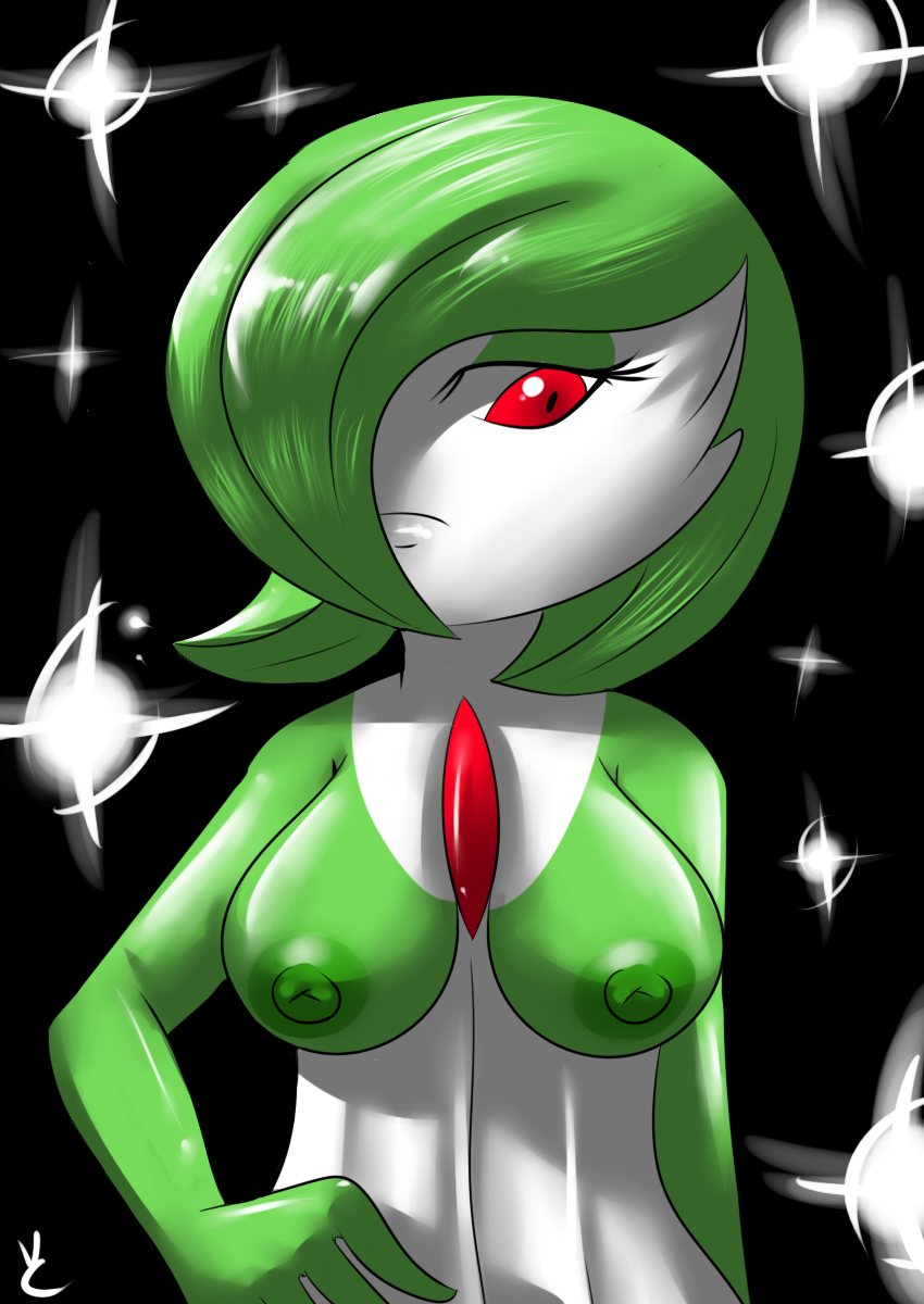 2014 anthro breasts female gardevoir generation_3_pokemon green_hair hair hi_res looking_at_viewer mammal nintendo nipples nude pokemon pokemon_(species) red_eyes solo virate-chip