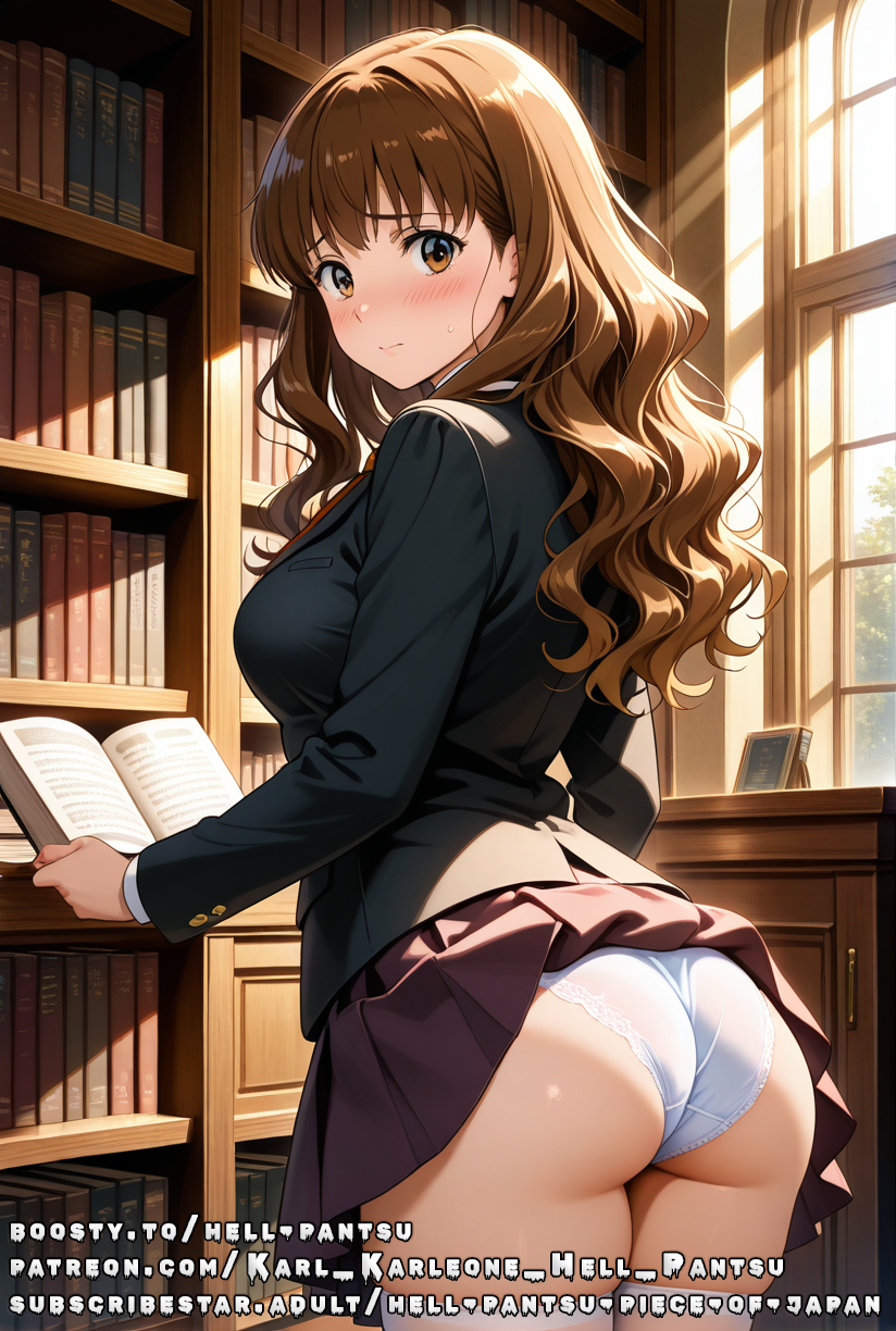 ai_generated ass brown_eyes brown_hair hermione_granger jacket medium_breasts panties shy skirt tie uniform wavy_hair