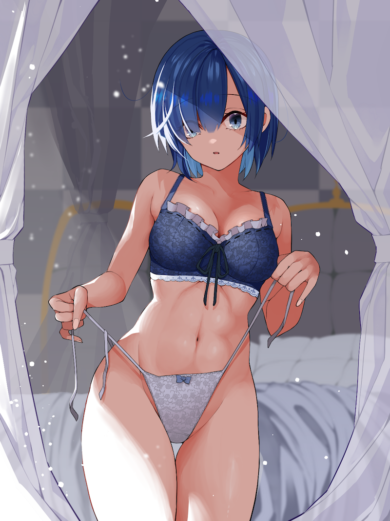 bare_arms bare_belly bare_legs bare_shoulders bare_thighs bed belly_button blue_bra blue_eyes blue_hair blush bra breasts cleavage collarbone dousoshin hair_over_one_eye highleg_panties indoors lace-trimmed_bra medium_breasts mismatched_underwear panties parted_lips re:zero_kara_hajimeru_isekai_seikatsu rem_(re:zero) short_hair side-tie_panties standing string_panties thighs toned_female underwear untied_panties white_panties