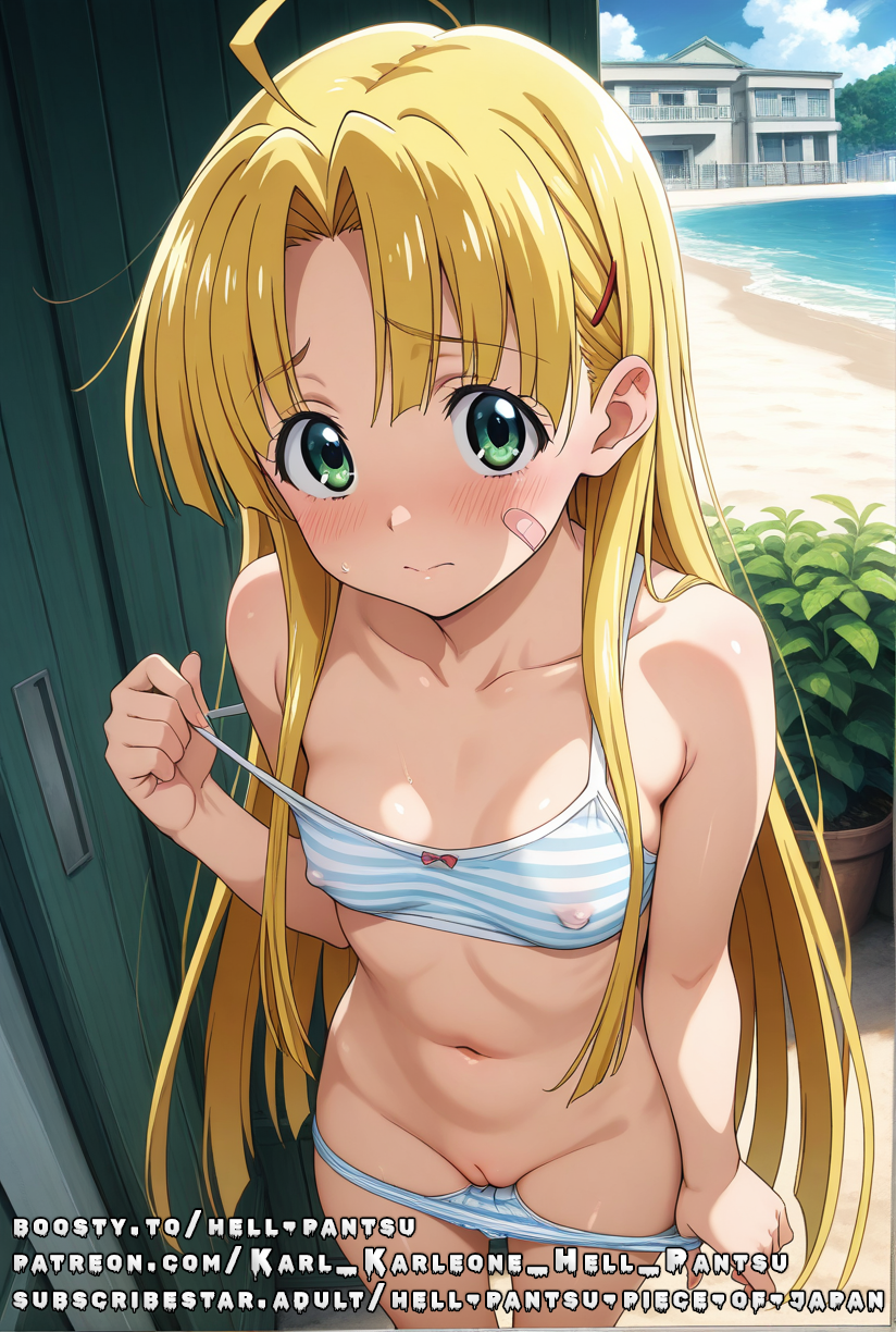 ahoge ai_generated asia_argento blonde_hair covered_nipples female green_eyes hell-pantsu high_school_dxd shy small_breasts striped_bra striped_panties vagina white_stockings.