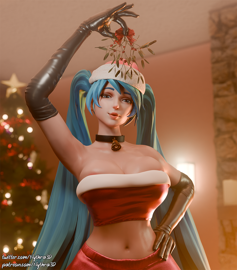 3d areola_slip big_breasts blender blue_eyes blue_hair breasts choker christmas christmas_clothing christmas_headwear christmas_outfit clothed crop_top huge_breasts kissing large_breasts latex_gloves league_of_legends league_of_legends:_wild_rift long_hair looking_at_viewer mistletoe navel nythra3d overflowing_breasts puckered_lips sona_buvelle twintails